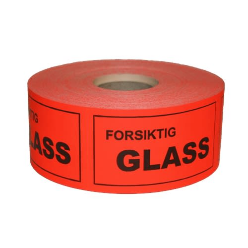 Rull med etiketter "Forsiktig glass" (1000 stk)